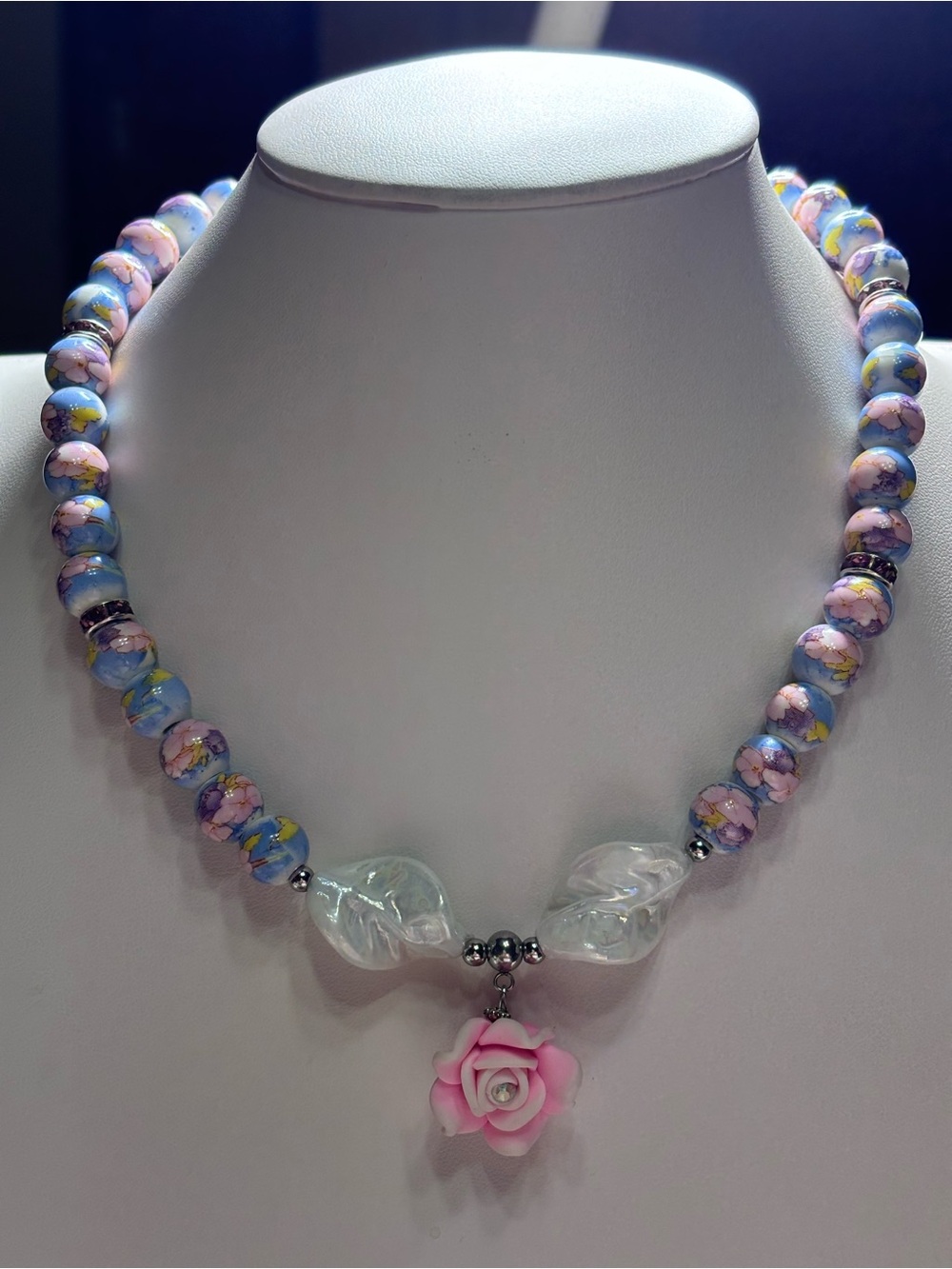 Handmade Pink Floral Bead Necklace with Rose Pendant 17 inches